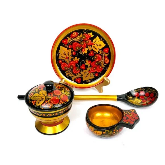 Vintage Russian Lacquerware Khokhloma Set Of 5 Wooden Items - Picture 2 of 16